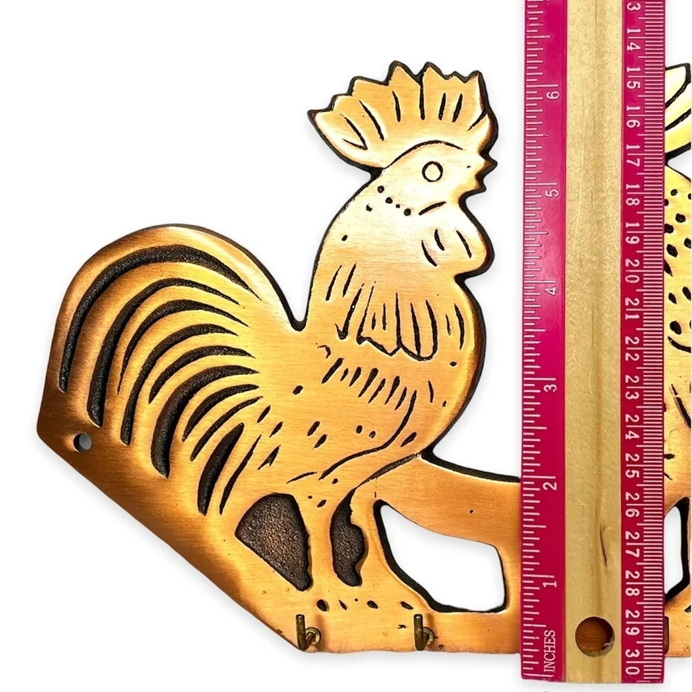 Cast Iron Copper Plated Double Rooster‎ Five Key Hook Holder 11”x6.5”